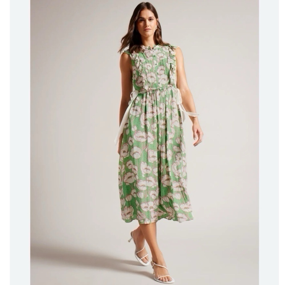 Ted Baker Tindraa Band Collar Midi Dress in Green - Picture 1 of 12